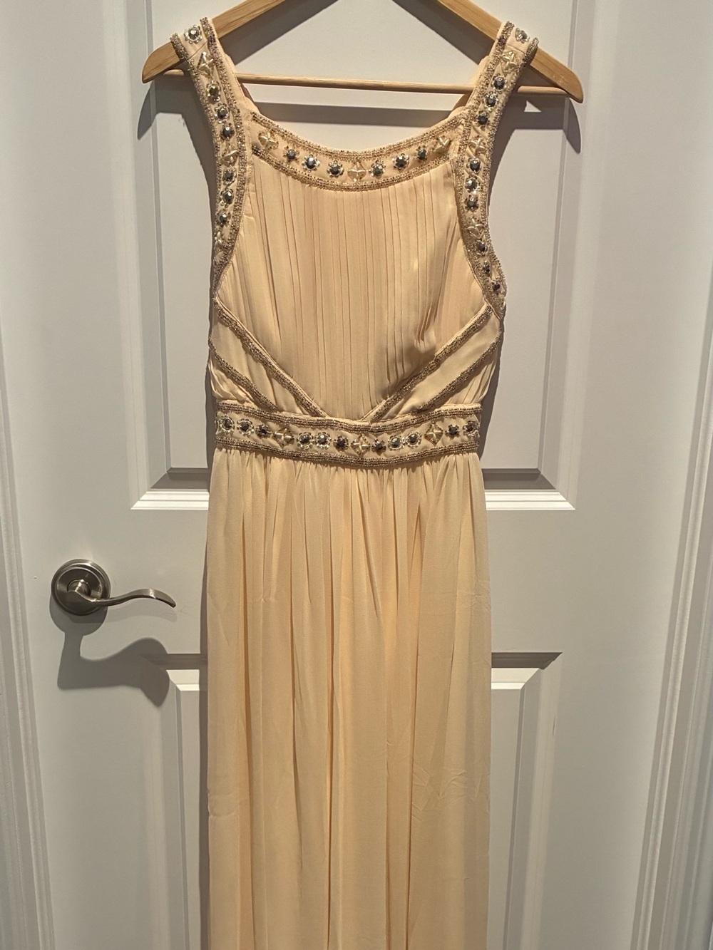 Embellished Cream Maxi Dress with Pleated Bodice